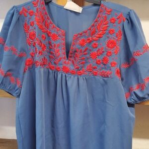 Savanna Jane Blue Top with Red Floral Embroidery